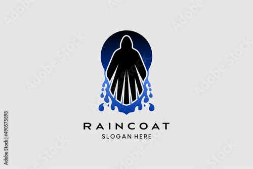 Rain jacket logo design with water element blends with silhouette of person or coat. Premium vector logo illustration