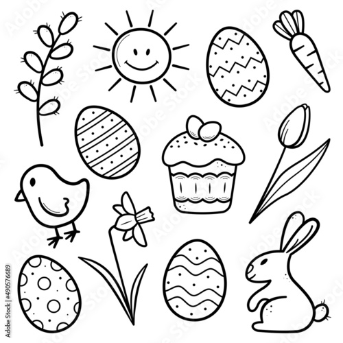 Easter set with cute bunny, chicken, eggs, easter cake, sun, carrot, pussy willow, tulip, narcissus. Hand drawn sketch style. Vector illustration in doodle line style.