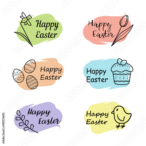 Easter stickers with congratulations. Happy Easter! Hand drawn elements in doodle line style and inscriptions. Cute chicken, eggs, easter cake, pussy willow, tulip, narcissus. Vector illustration.