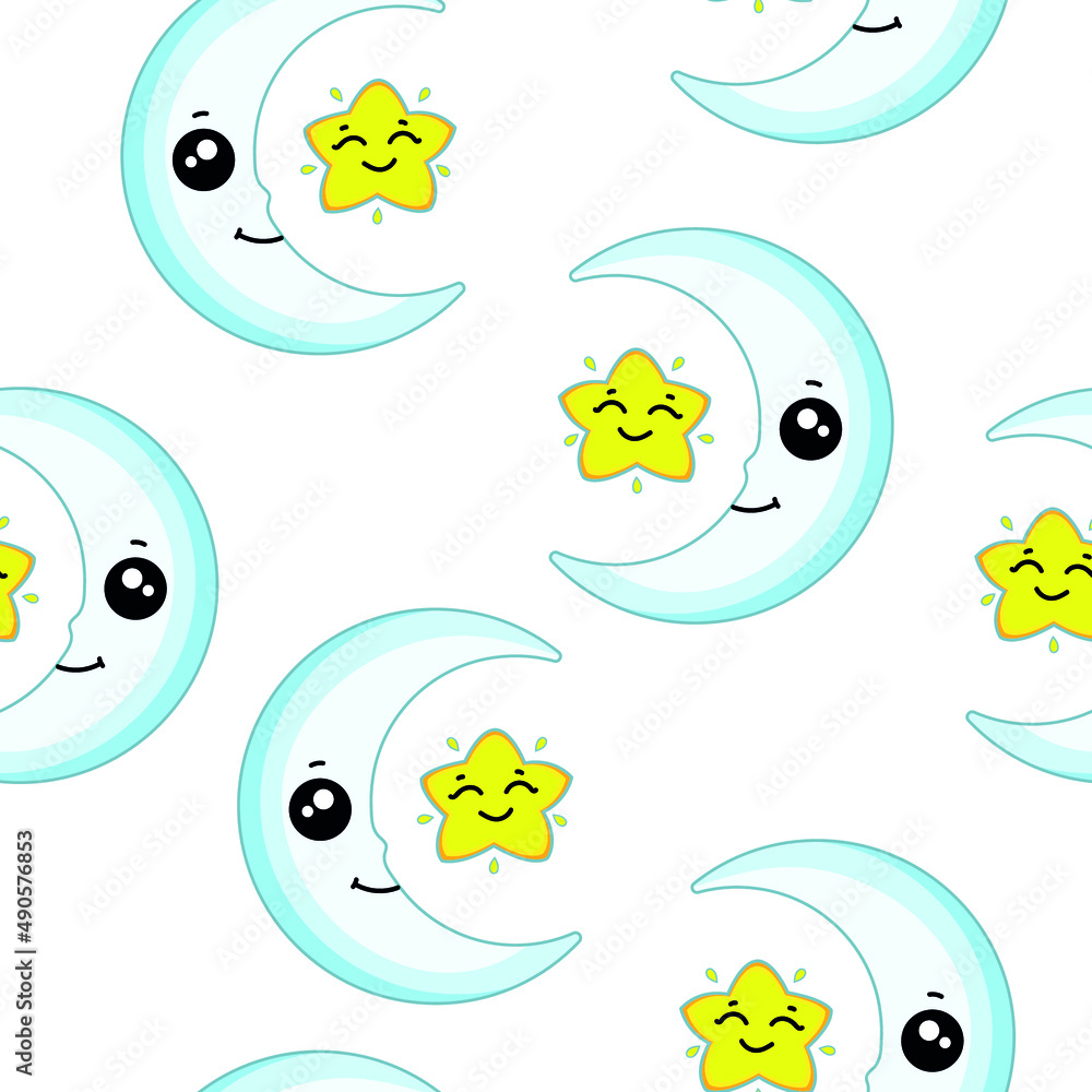 pattern with cute month with eyes and smile. seamless pattern with month and star. vector illustration, eps 10.