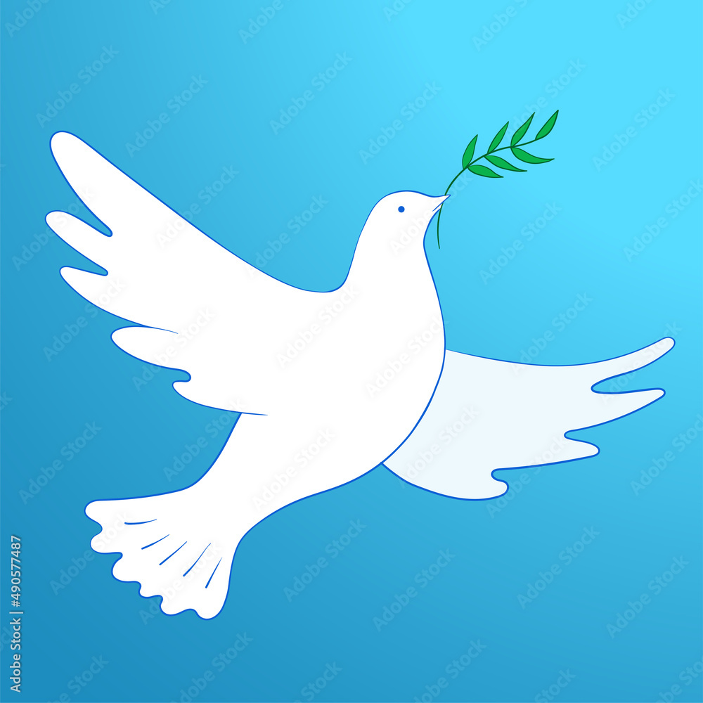 Flying peace dove with olive branch. White pigeon in the blue sky vector symbol illustration. Flying peace dove with olive branch. White pigeon in the blue sky vector symbol illustration.