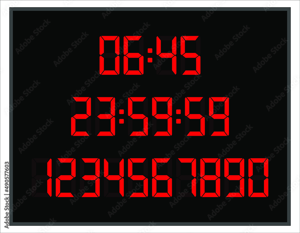 Red digits numbers set and digital clock. Led light digits and clock editable display. Electronic digital numbers set. Red digits numbers set and digital clock. Led light digits and clock editable display. Electronic digital numbers set.