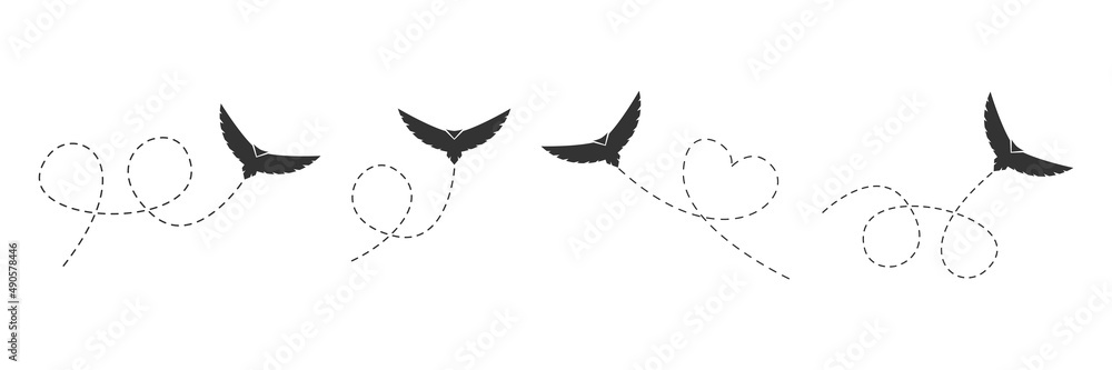 Obraz premium Flying bird set. Black birds flying on a dotted route isolated on the white background. Vector illustration.