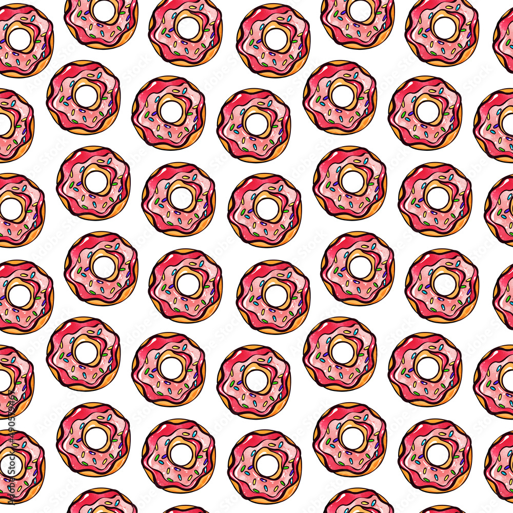 Seamless pattern of red donuts on a white isolated background. Confectionery sweets top view. High quality illustration