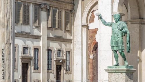 Monument to Roman emperor Constantine I timelapse in Milan, in front of San Lorenzo Maggiore basilica. photo