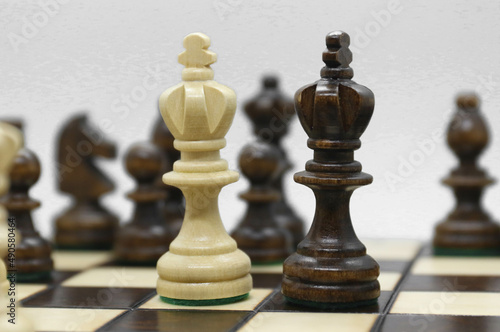 Black and white wooden figures for chess on the board