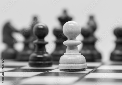 Black and white wooden figures for chess on the board