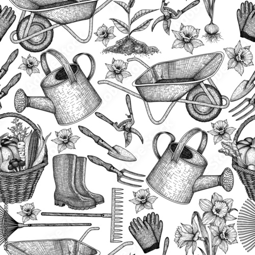 Seamless vector pattern graphic linear garden tools. Wheelbarrow, garden shovel and rake, pruner, rubber boots, household gloves, wicker basket with harvest, seedling, sprout