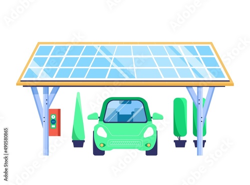Solar car port, sheltered place with integrated charging point for electric vehicles, solar panels. Green renewable energy concept. Isolated vector illustration in flat style, front and side view