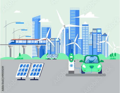 Modern cityscape, skyscrapers, bridge with riding train, wind energy turbine, electro car, solar panels. Vector illustration in flat style. Renewable energy concept