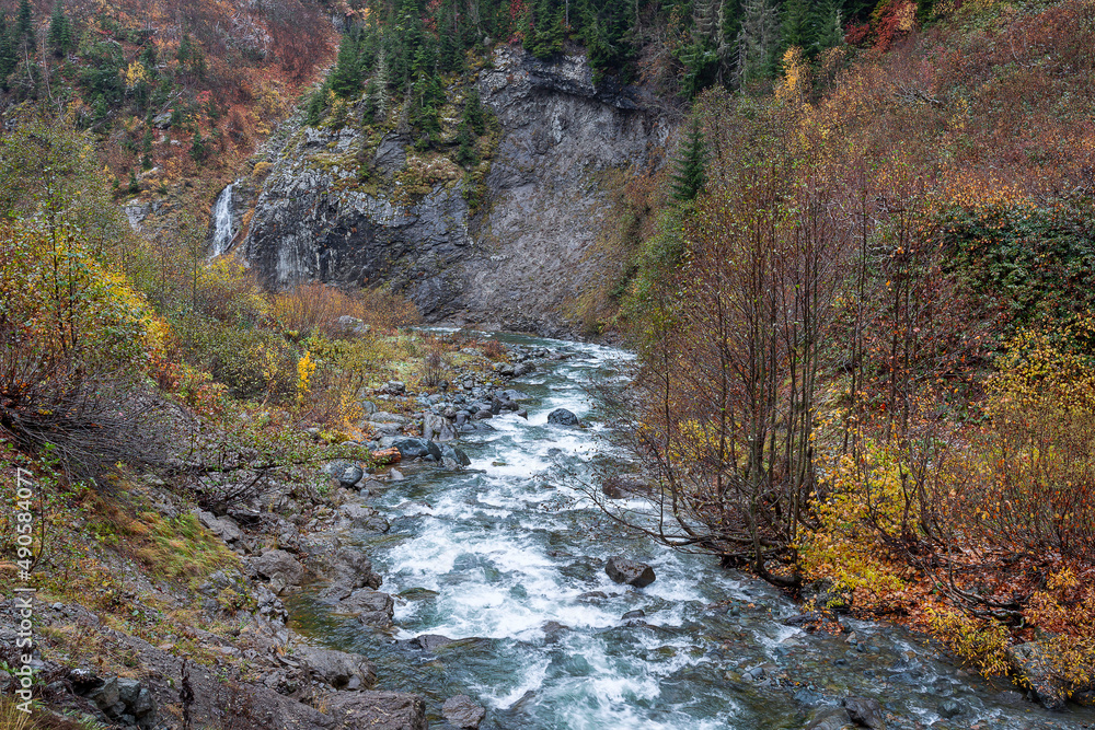 foggy weather and the river passing through the forest.autumn foggy weather and the river passing through the forest.autumn