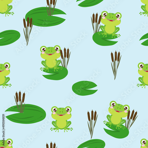 Funny little frogs on the leaves of marsh plants, reeds, vector illustration