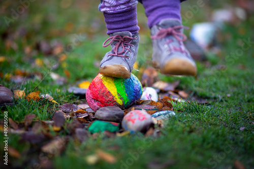 Kids Baby girl Children Toddlers shoe, first steps, walking and climbing the foot path, playing with painted stones