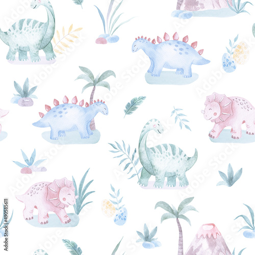 Baby Dinosaurs watercolor seamless pattern illustration with cute animals for nursery and baby shower. Elements on white. For children s background  print fabric  Children s design  wallpaper  textile