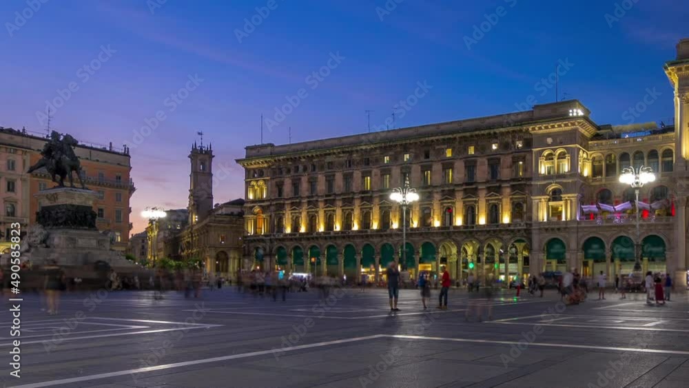 Monument to Vittorio Emanuele II and Galleria Vittorio Emanuele II day to night timelapse on the Piazza del Duomo Monument to Vittorio Emanuele II and Galleria Vittorio Emanuele II day to night timelapse on the Piazza del Duomo