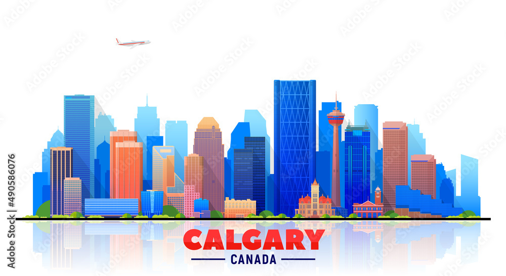 Calgary (Canada) skyline with panorama in white background. Vector Illustration. Business travel and tourism concept with modern buildings. Image for presentation, banner, website.