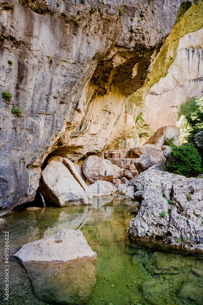 Canyons and cliffs carved by the river in Parrizal, near the city of Beceite, in Spain.