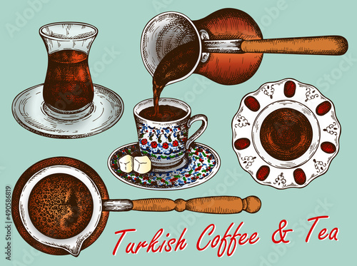 Sketch drawing set of colorful Turkish tea and coffee in glass cup on blue background. Engraved drawing traditional Turkish hot drink, turk cup of coffee, turkish delight. Retro vector illustration.