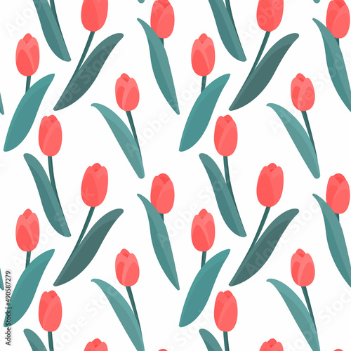 Colorful tulip flowers seamless pattern Endless vector design for fabric and print on white background.