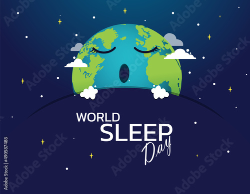 World Sleep Day Vector Design Illustration.Horizontal bright poster for World Sleep Day. Sleeping icons of the planet Earth, the moon and the sun under the covers.