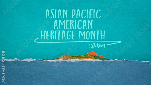 Asian Pacific American Heritage Month, May - handwriting with  abstract paper ocean and island landscape, reminder of cultural event
