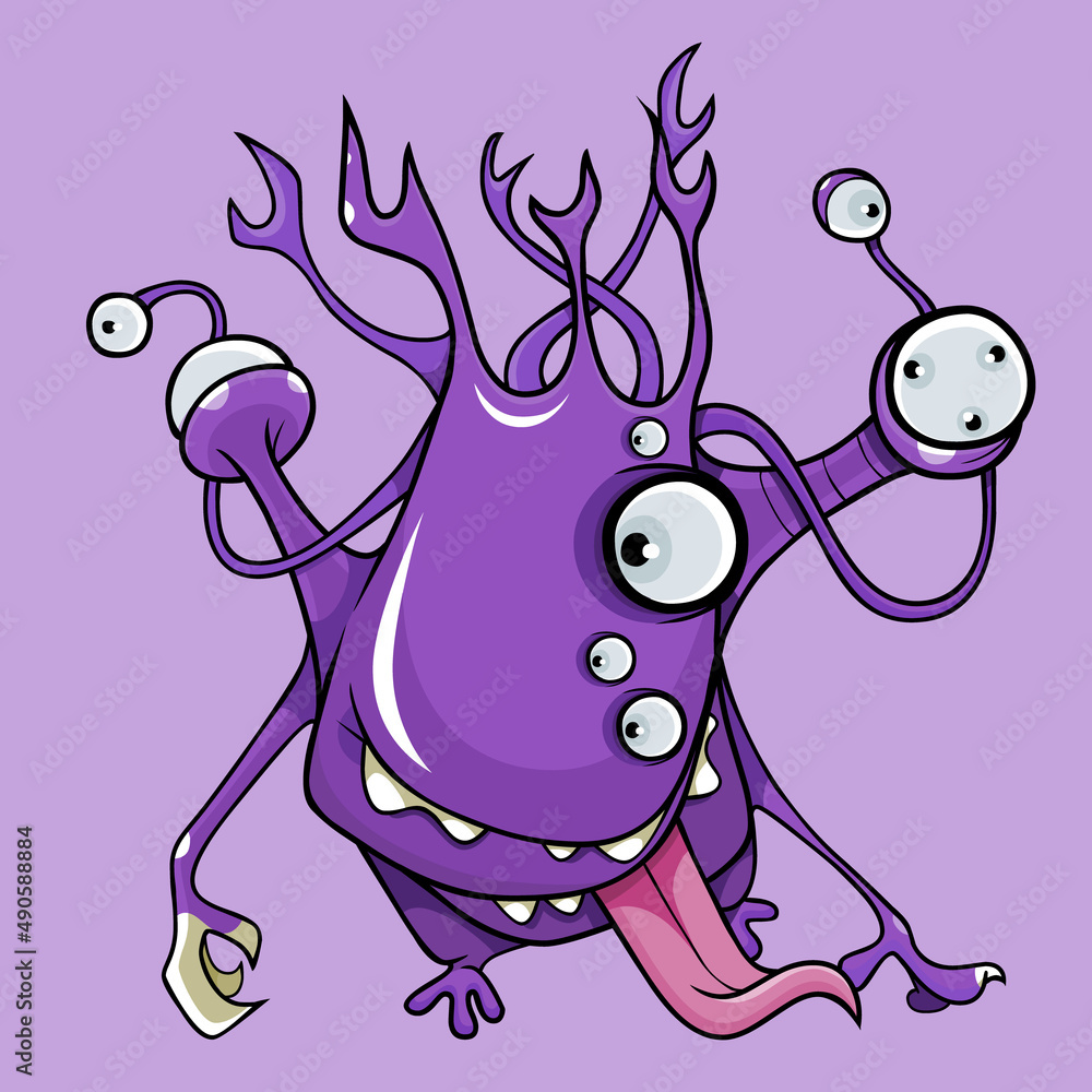 cheerful cartoon creature of purple color with many eyes Stock Vector |  Adobe Stock