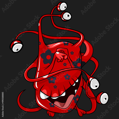 cheerful cartoon creature of red color with black flowers with many eyes