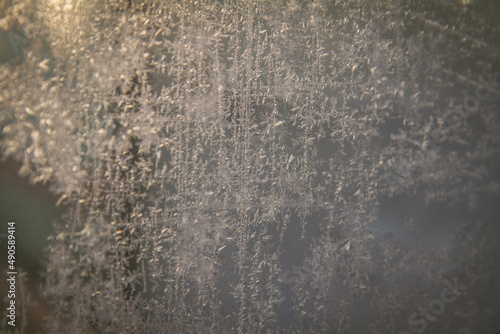 Frost patterns on glass in a close up © teine