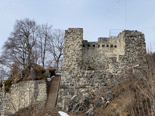 Castle ruins Wildenburg or Burgruine Wildenburg (Ruine Wild Huus) over the alpine valley Obertoggenburg, Wildhaus - Canton of St. Gallen, Switzerland (Schweiz) photo