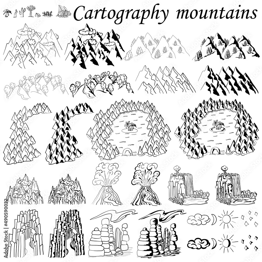 custom made wallpaper toronto digitalCartography. The mountains. Elements for creating maps fantasy or games. Sea, ocean and mountains with forests, hills. Black and white hand drawn set.