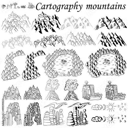 Cartography. The mountains. Elements for creating maps fantasy or games. Sea, ocean and mountains with forests, hills. Black and white hand drawn set.