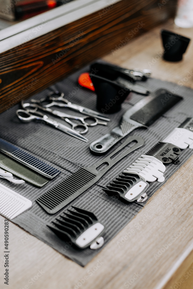 Fototapeta premium Barber shop tools and work process