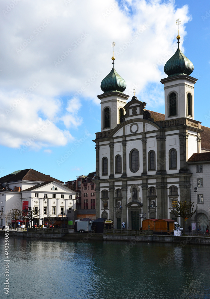 Jesuit Church along the river Reuss in Lucerne's old town