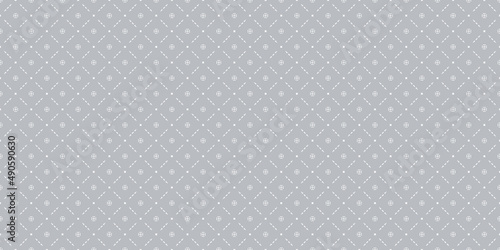 Abstract minimal geometric seamless pattern in oriental style. Subtle vector background. Simple graphic ornament in light gray color. Elegant minimalist texture with small floral shapes, diamond grid