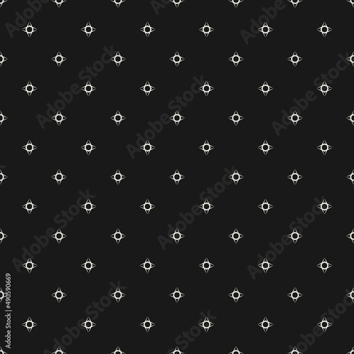 Vector minimalist background. Subtle monochrome geometric seamless pattern with tiny floral shapes, small diamonds. Simple abstract minimal black and white texture. Delicate dark repeat modern design