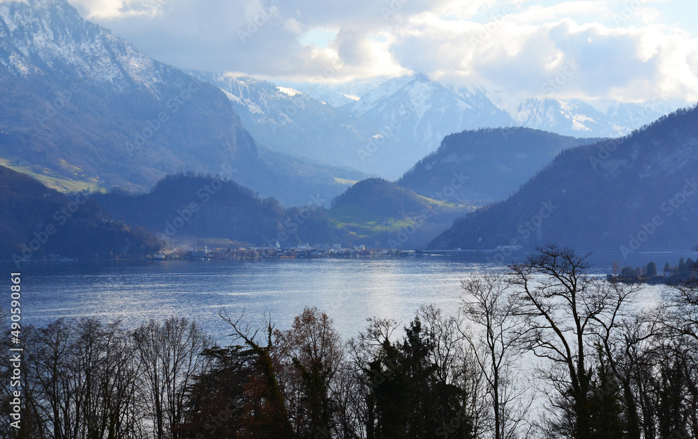 Landscape with Lucerne lake during early spring