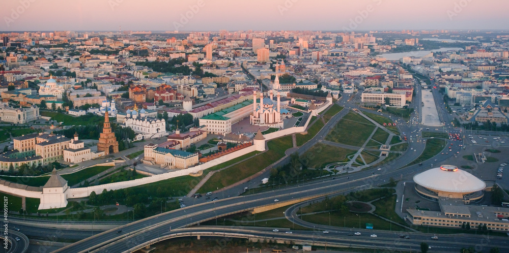 Panoramic summer shot from above of Kazan Kremlin. Tatarstan, Russia. Capital of the Republic of Tatarstan. City centre and landmark line with sunny weather. Sights, churches and mosque Kul-Sharif.