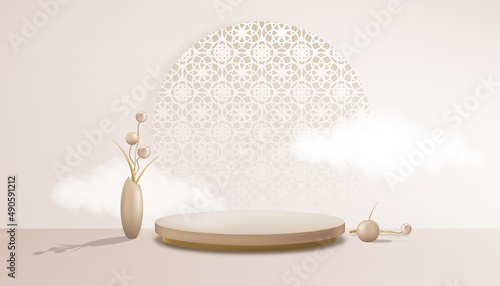 Studio room with podium and flowers ball in vase on floor,Gallery room with oriental patterns on pastel wall backdrop.Vector illustration 3D minimal scenery for product presentation