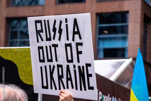 View of sign Russia Out of Ukraine during the rally against invasion of Ukraine in front of Vancouver Art Gallery