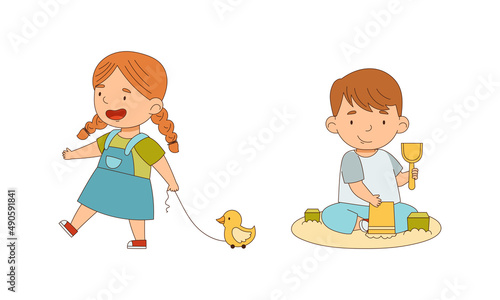 Kids playing with toys together set cartoon vector illustration on white background