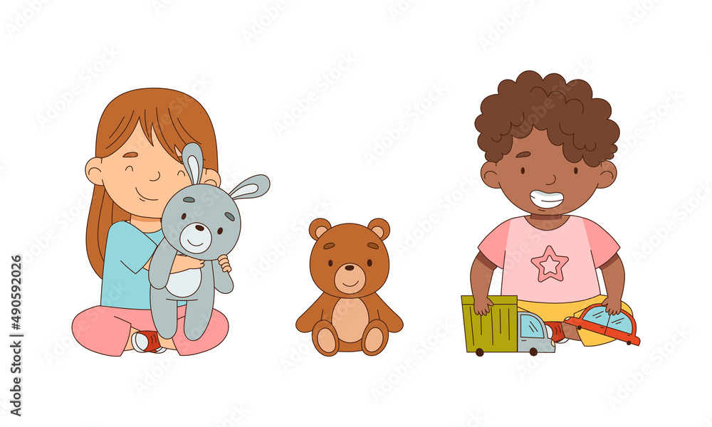 Cute happy boy and girl playing with toys set cartoon vector illustration Cute happy boy and girl playing with toys set cartoon vector illustration