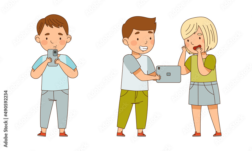 Cute children using smartphones set. Kids playing gadgets cartoon vector illustration Cute children using smartphones set. Kids playing gadgets cartoon vector illustration