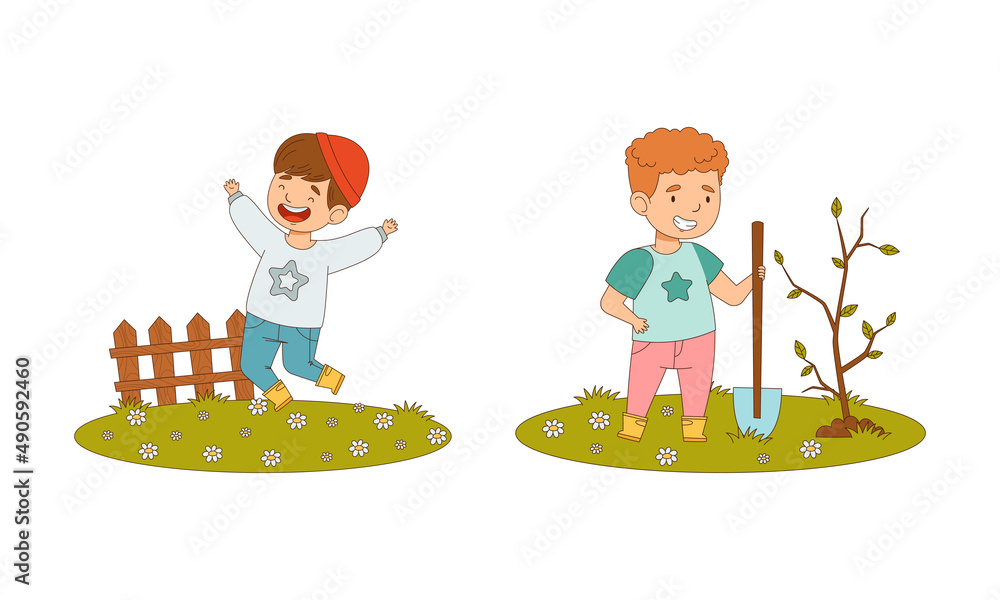 Kids spring activities set. Cute children working in garden. Boys planting sapling and having fun outdoors cartoon vector illustration Kids spring activities set. Cute children working in garden. Boys planting sapling and having fun outdoors cartoon vector illustration