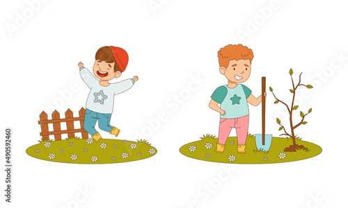 Kids spring activities set. Cute children working in garden. Boys planting sapling and having fun outdoors cartoon vector illustration