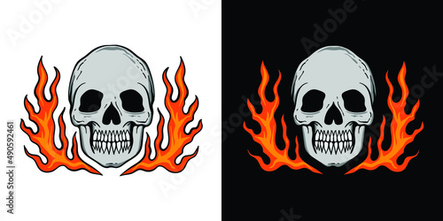 skull illustration with fire for tshirt design, tattoo, sticker, poster etc
