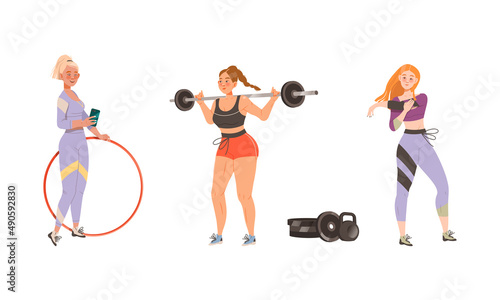 Women doing different sport exercises set. Girls training with hula hoop and barbell cartoon vector illustration