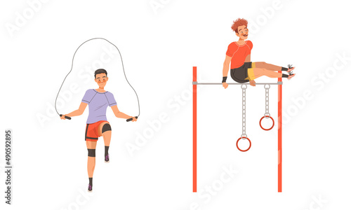 People doing different sport exercises set. Men jumping with skipping rope and training on horizontal bar cartoon vector illustration