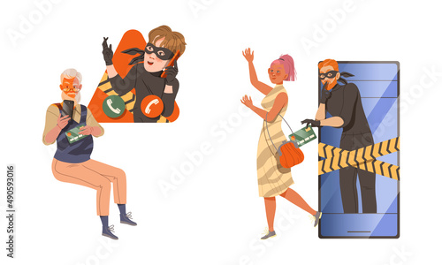 Masked thief stealing credit card and money. Cybercrime and cybersecurity concept cartoon vector illustration