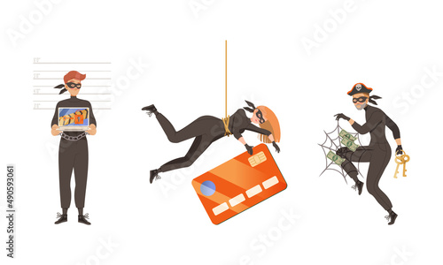 Masked hacker criminals stealing personal data and money. Cybercrime and cybersecurity concept cartoon vector illustration