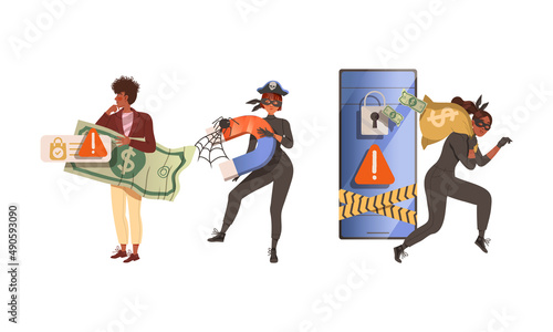 Female hacker criminals in black masks stealing personal data and money. Cybercrime and cybersecurity concept cartoon vector illustration